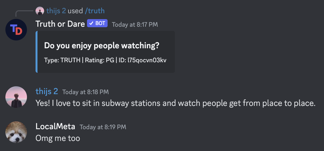Screenshot of using the /truth command