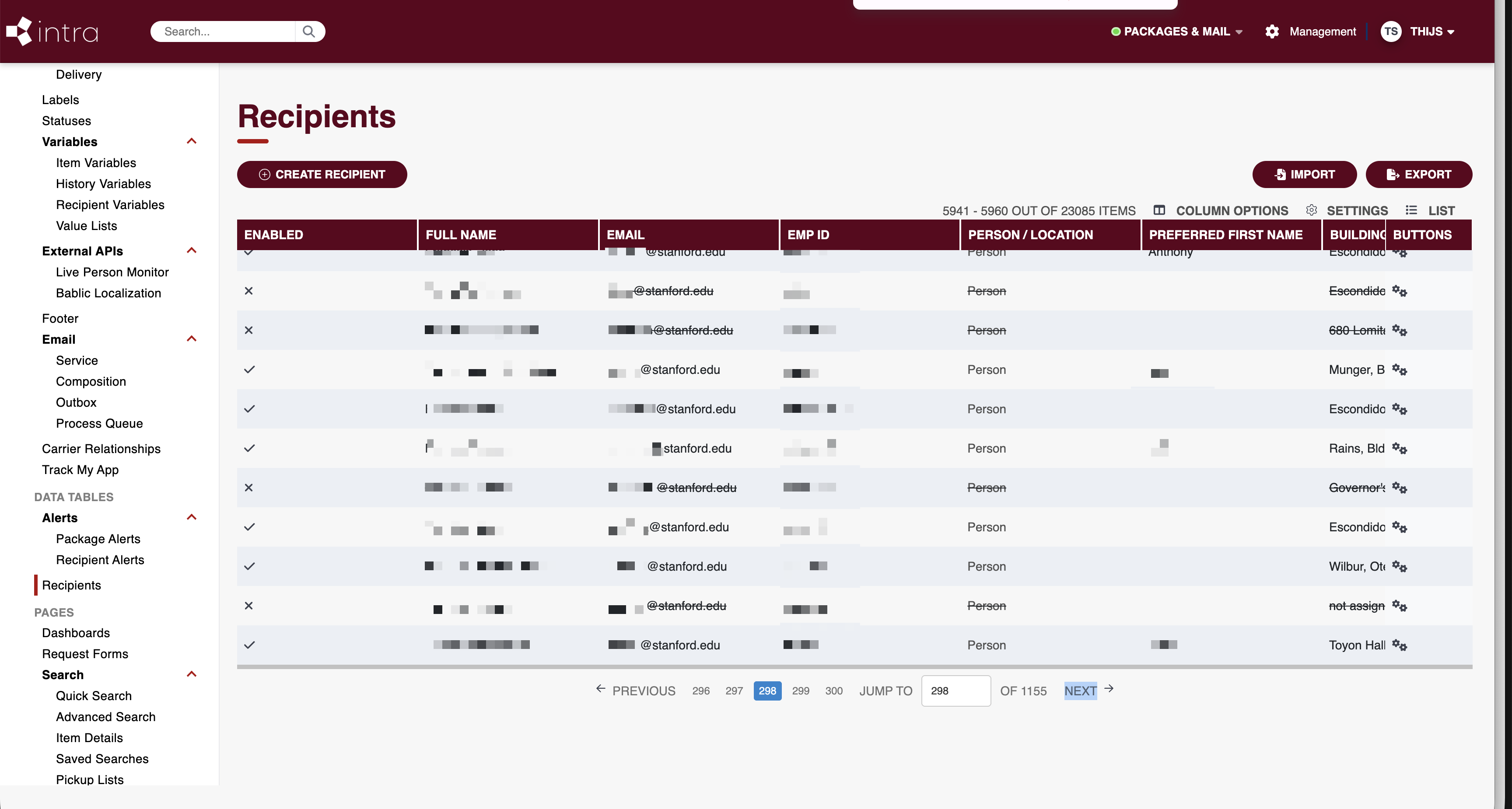 Paginated list of students with dorms and room numbers